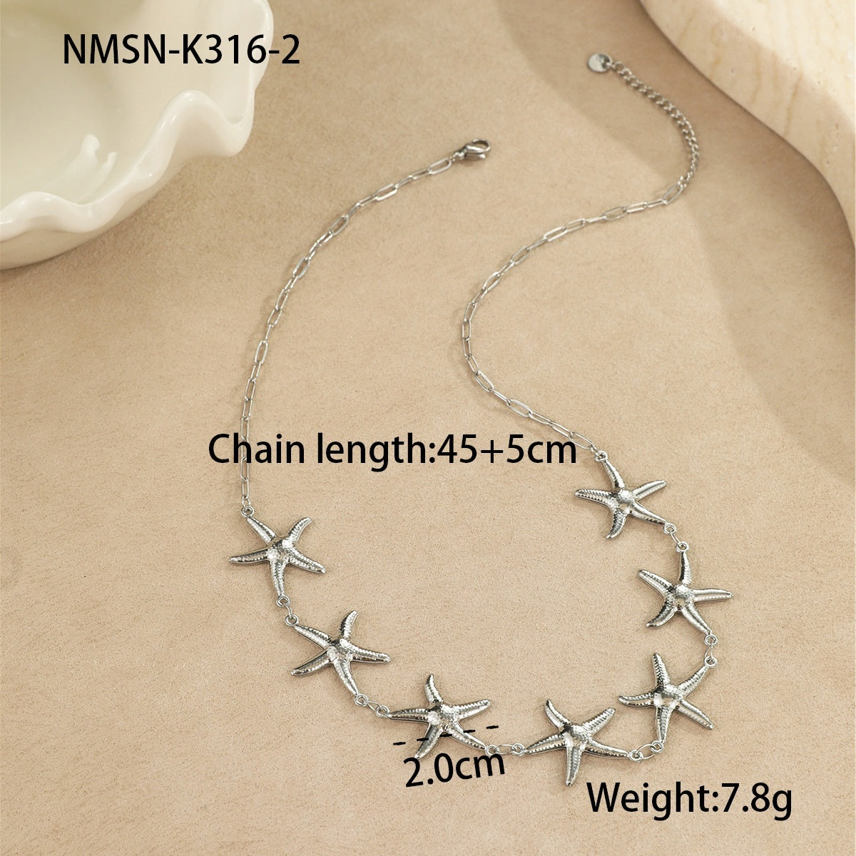 Collier Acier Inoxydable 18g - Pendentifs Étoile Mer Coquillages