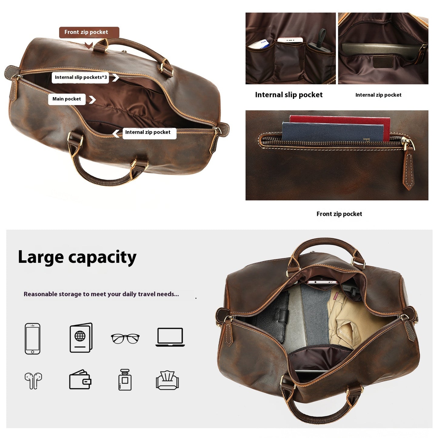 Sac de Voyage Vintage Cuir Grande Capacité - Bandoulière Crossbody