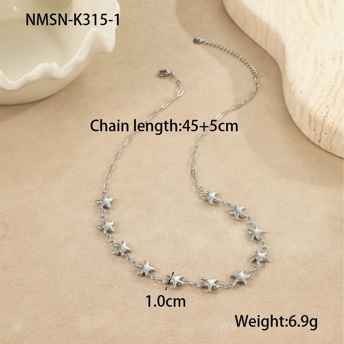 Collier Acier Inoxydable 18g - Pendentifs Étoile Mer Coquillages