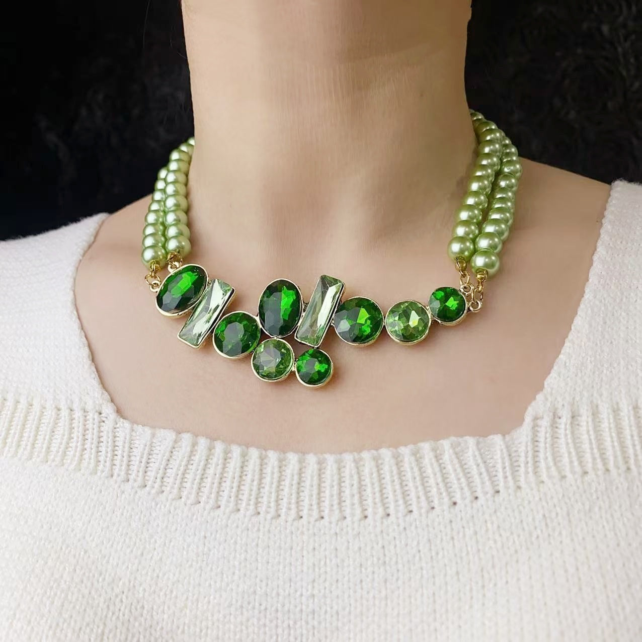 Parure Bijoux Verte 35g - Collier et Boucles d'Oreilles Perles