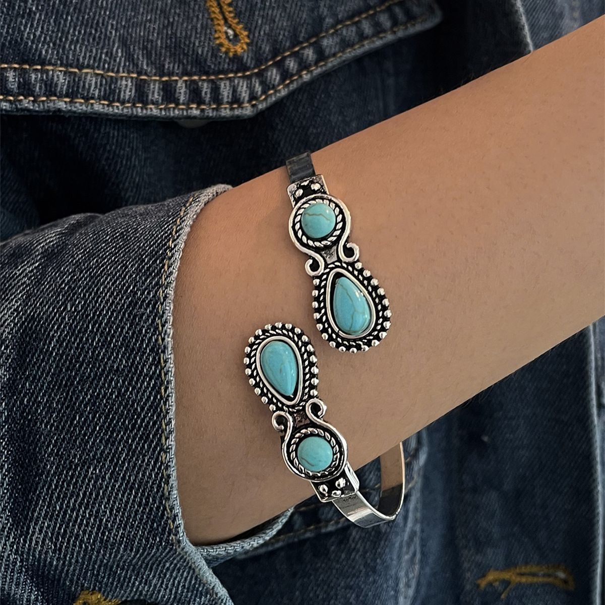 Bracelet Ouvert Alliage Turquoise Femme Ajustable