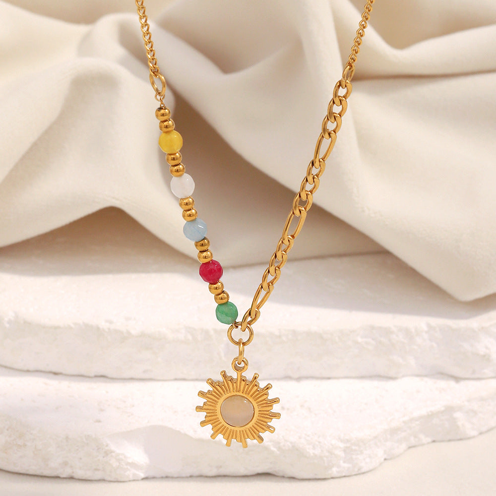 Collier Pendentif Soleil Acier Inoxydable 17g - Pierre Dorée