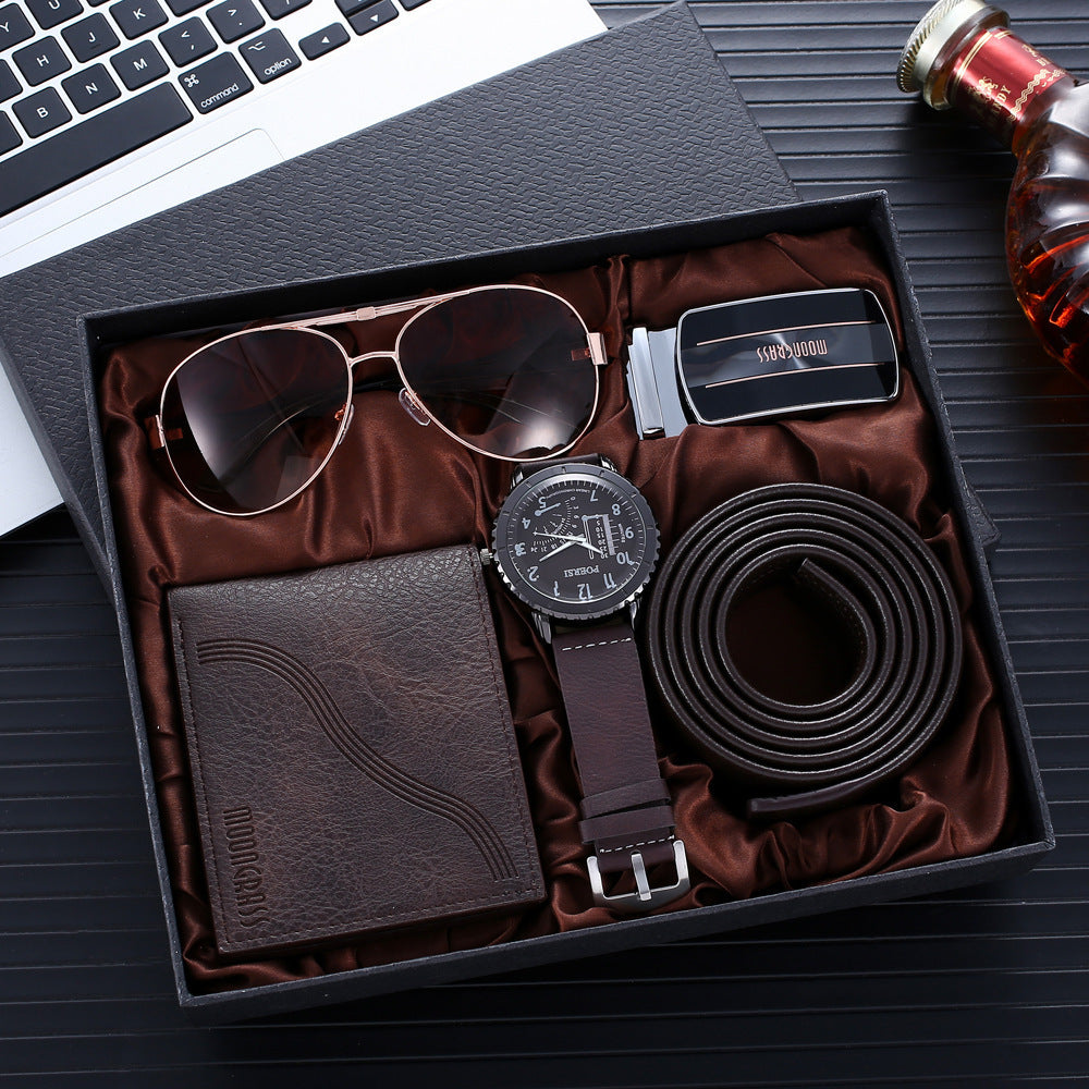 Coffret Cadeau Homme 4 en 1 - 520g Montre Ceinture Lunettes Portefeuille | SADJÉ